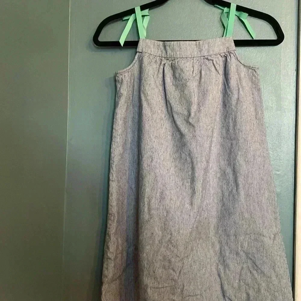 Hanna Anderson girls 100% cotton dress - blue with teal ribbon ties -140